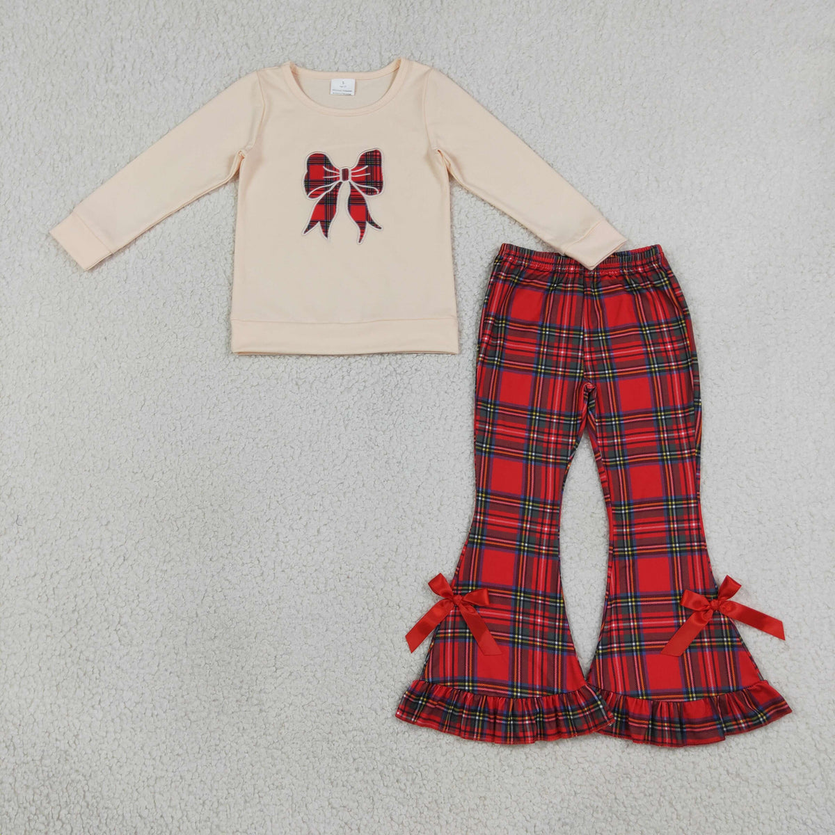 Sibling Baby Girls Embroidery Checked Bow Top Ruffle Pant Christmas Clothes Set Rompers