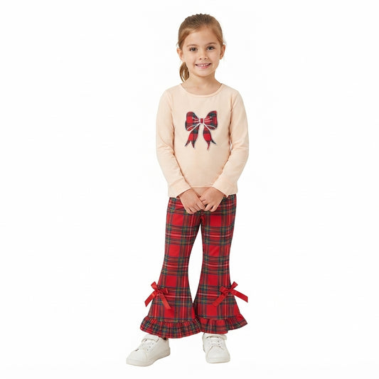 Embroidery Checked Bow Baby Girls Ruffle Bell Bottom Pant Christmas Clothes Sets