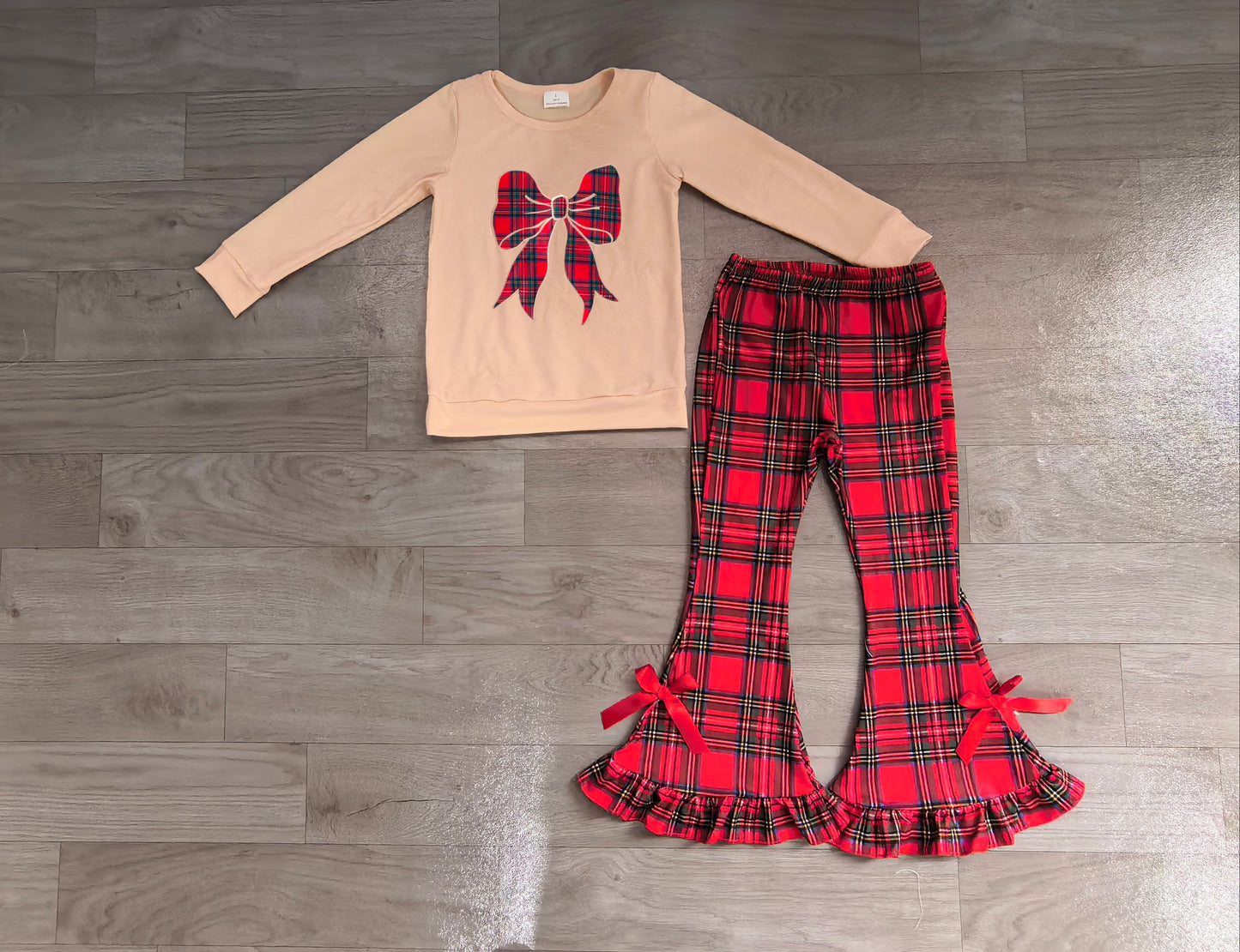 Embroidery Checked Bows Baby Girls Top Ruffle Pant Christmas Clothes Sets Preorder