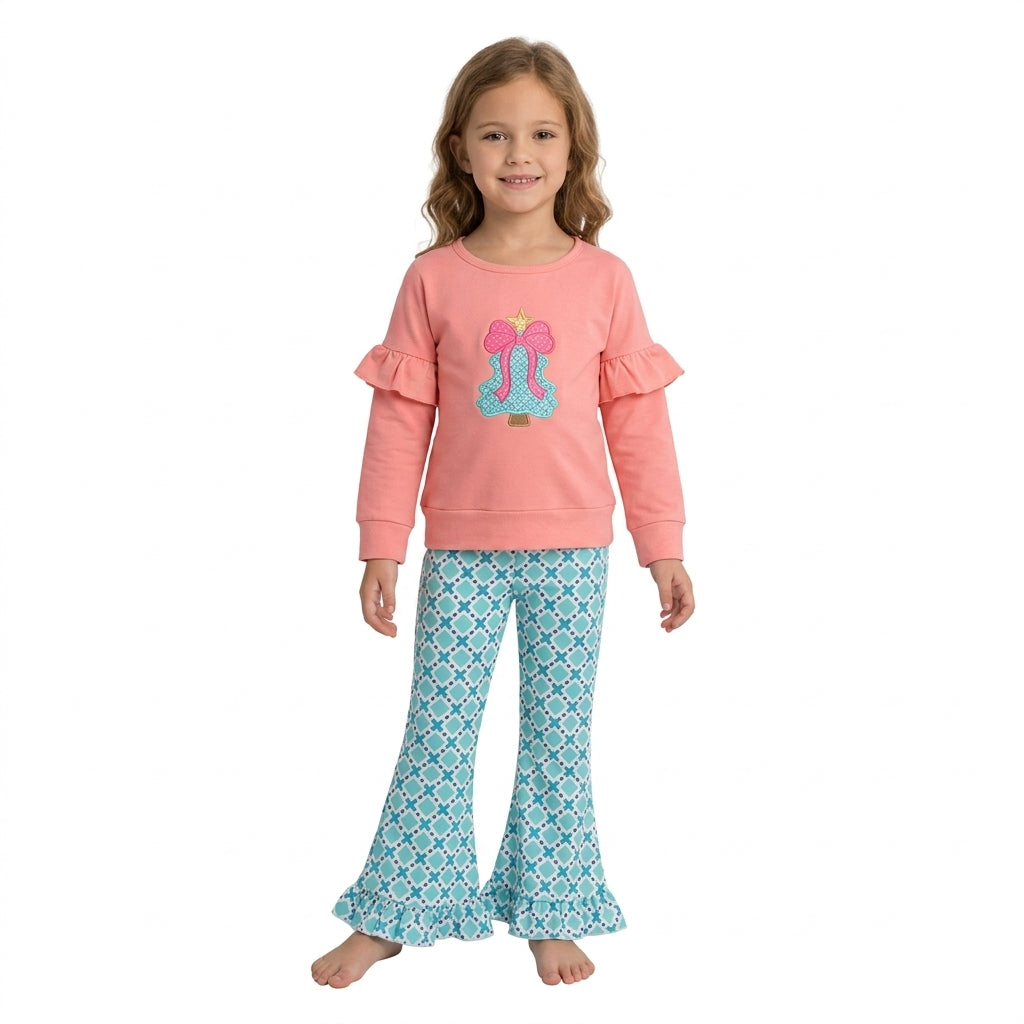 Embroidery Bow Trees Baby Girls Polka Dots Top Ruffle Pant Christmas Clothes Sets