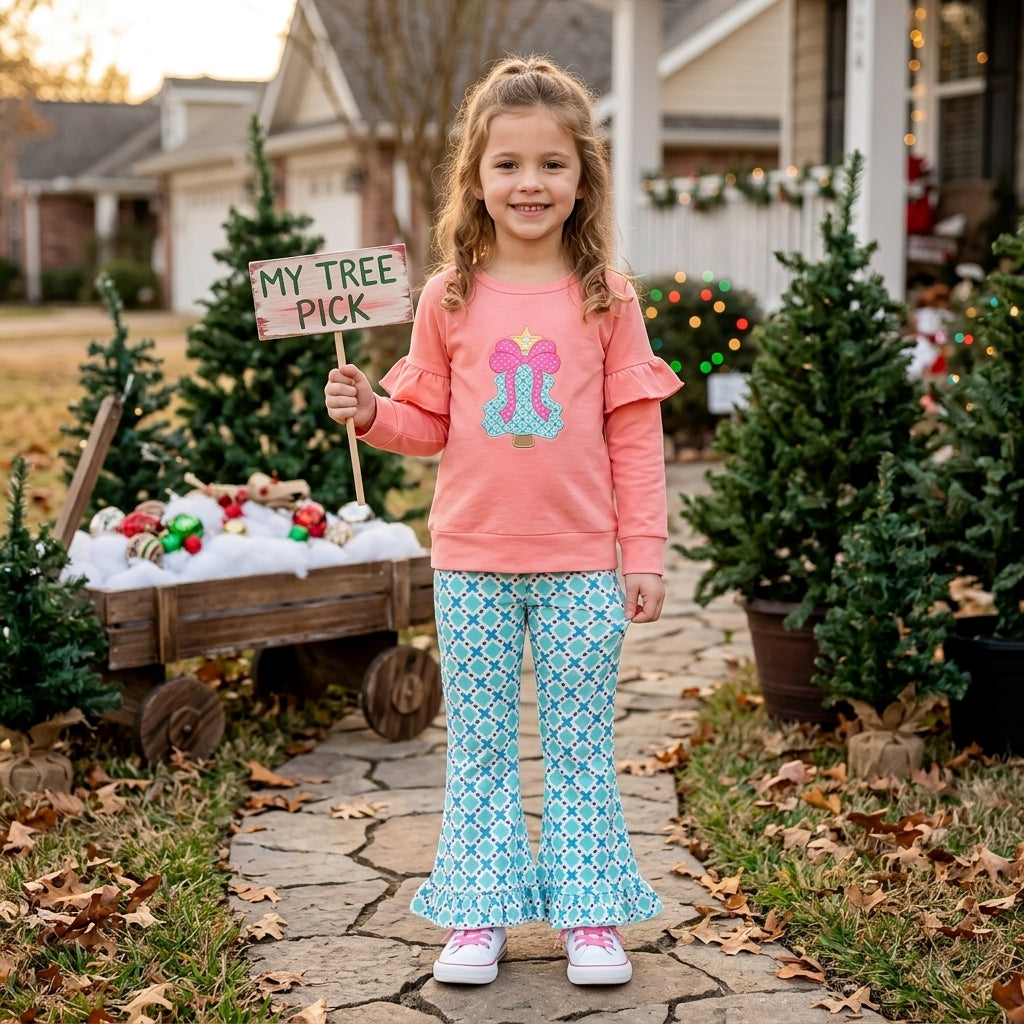 Embroidery Bow Trees Baby Girls Polka Dots Top Ruffle Pant Christmas Clothes Sets