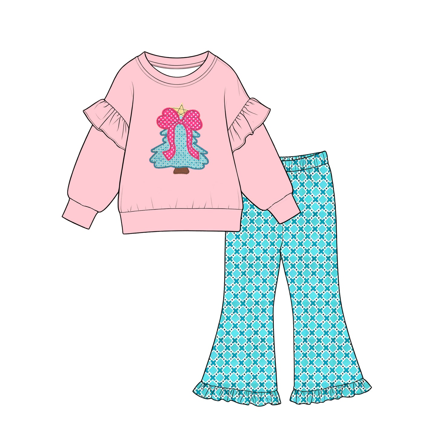 Preorder moq 5 Baby Girls Polka Dots Bow Tree Top Ruffle Pant Christmas Clothes Sets