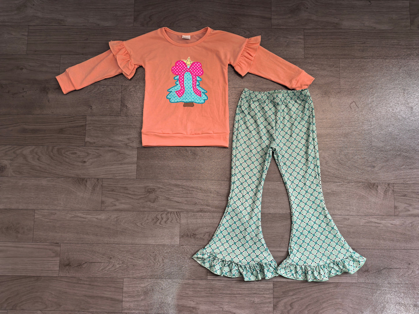 Embroidery Bow Trees Baby Girls Polka Dots Top Ruffle Pant Christmas Clothes Sets Preorder