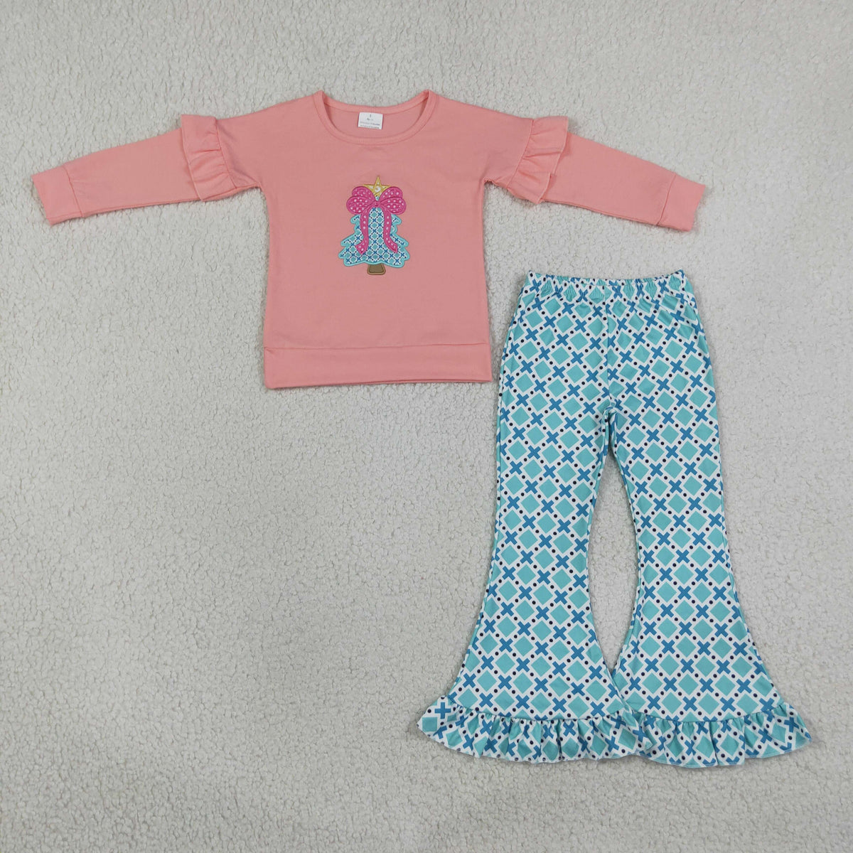Embroidery Bow Trees Baby Girls Polka Dots Top Ruffle Pant Christmas Clothes Sets