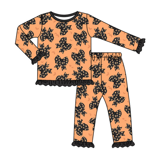 Preorder moq 5 Baby Girls Candy Bows Plaid Top Ruffle Pant Halloweens Pajamas Sets