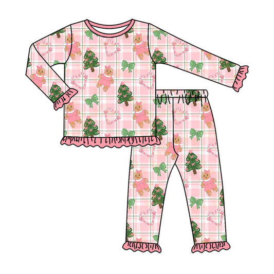 Preorder moq 5 Baby Girls Candy Cane Gingerbread Top Ruffle Pant Christmas Pajamas Sets