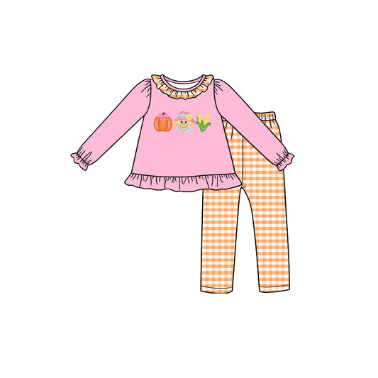 Preorder moq 5 Baby Girls Pumpkins Corn Tunic Checked Leggings Fall Clothes Sets