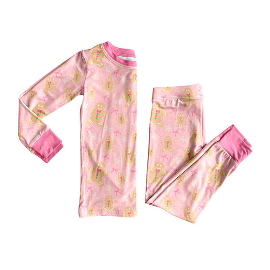 Preorder moq 5 Baby Girls Bows Gingerbread Snowflakes Top Pant Christmas Pajamas Sets