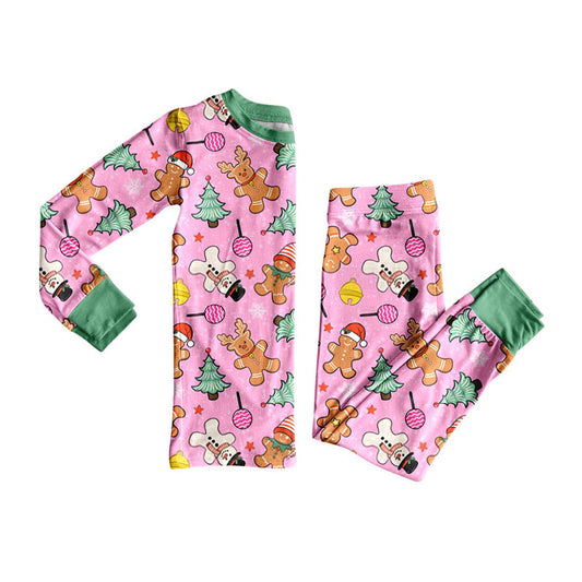 Preorder moq 5 Baby Girls Deer Gingerbread Trees Top Pant Christmas Pajamas Sets