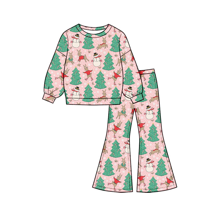 Preorder moq 5 Baby Girls Deer Trees Snowmen Top Flare Pant Christmas Clothes Sets