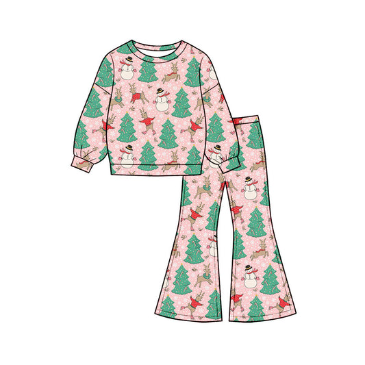 Preorder moq 5 Baby Girls Deer Trees Snowmen Top Flare Pant Christmas Clothes Sets
