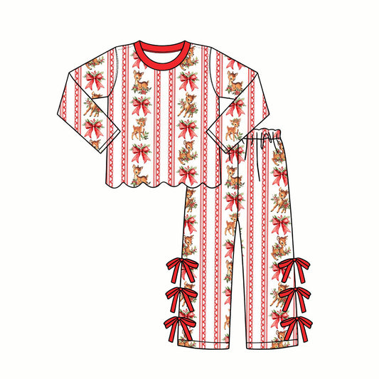 Preorder moq 5 Baby Girls Deer Bows Stripe Scallop Top Bows Pant Christmas Clothes Sets