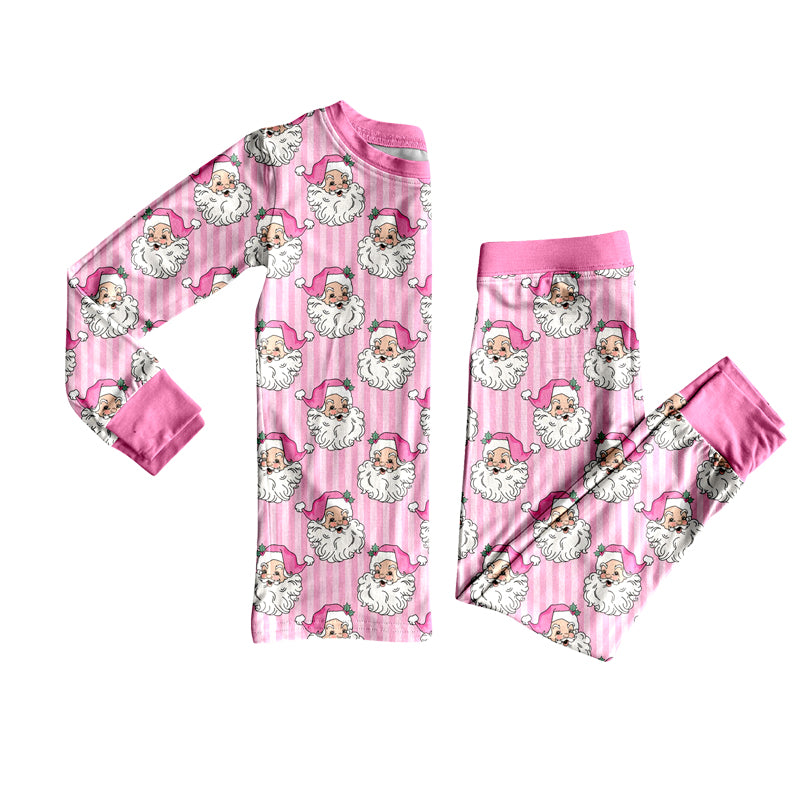 Preorder moq 5 Baby Girls Pink Stripe Santa Top Pant Christmas Pajamas Sets