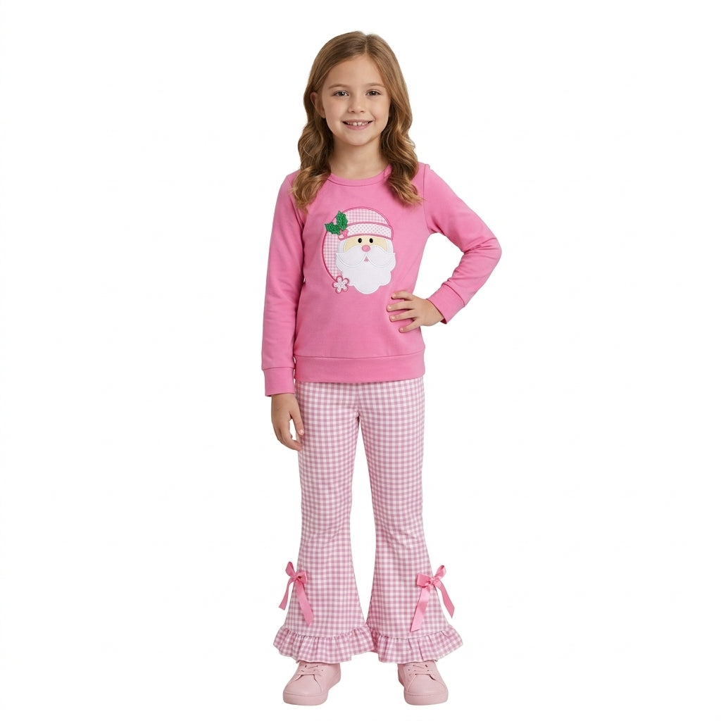 Embroidery Holly Santa Baby Girls Top Checked Flare Pant Christmas Clothes Sets