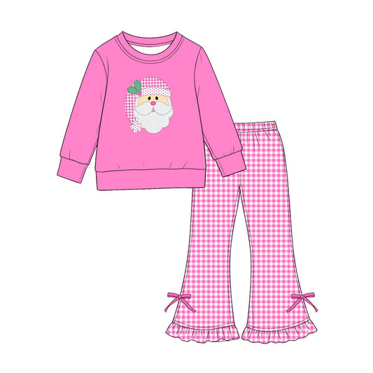 Preorder moq 5 Baby Girls Holly Santa Top Checked Flare Pant Christmas Clothes Sets