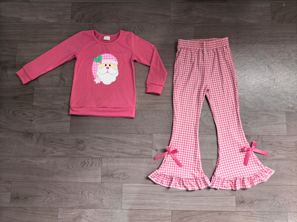 Embroidery Holly Santa Baby Girls Top Checked Flare Pant Christmas Clothes Sets Preorder