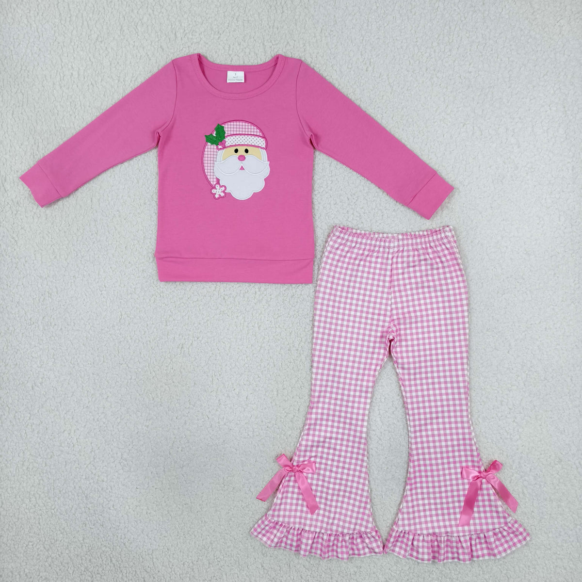 Embroidery Holly Santa Baby Girls Top Checked Flare Pant Christmas Clothes Sets