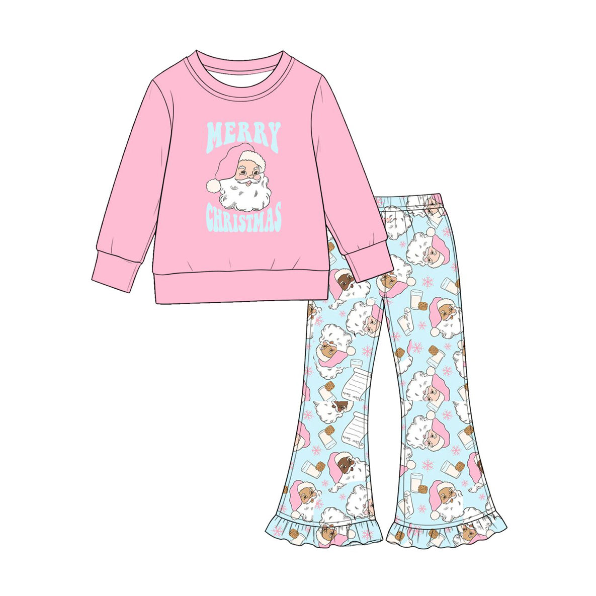 Preorder moq 5 Baby Girls Santa Top Letters Flare Pant Merry Christmas Clothes Sets
