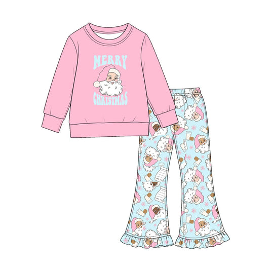 Preorder moq 5 Baby Girls Santa Top Letters Flare Pant Merry Christmas Clothes Sets
