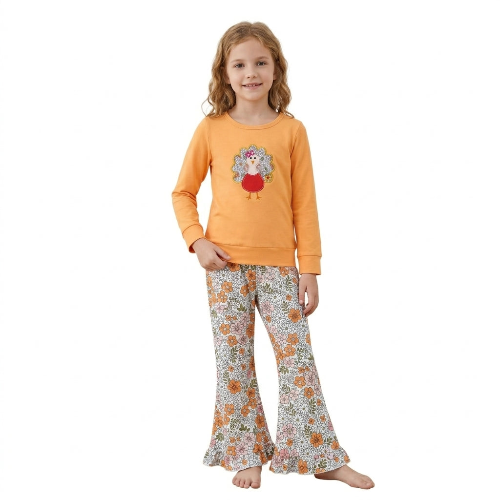 Embroidery Flowers Turkey Baby Girls Bell Bottom Pant Thanksgivings Clothes Sets