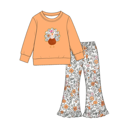 Preorder moq 5 Baby Girls Flowers Turkey Top Pant Thanksgivings Clothes Sets
