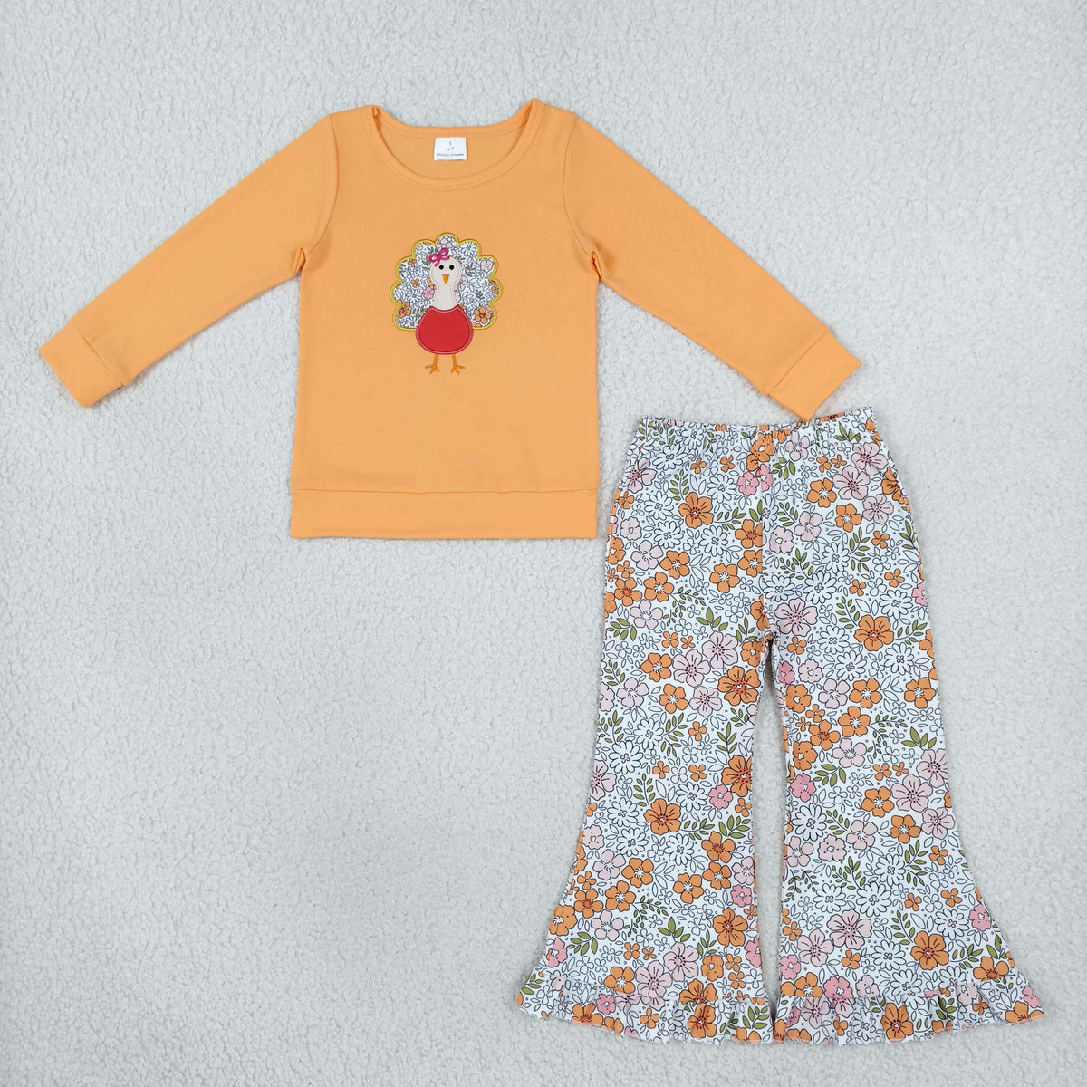 Sibling Baby Girls Long Sleeve Embroidery Turkey Bows Top Flare Pant Fall Clothes Sets