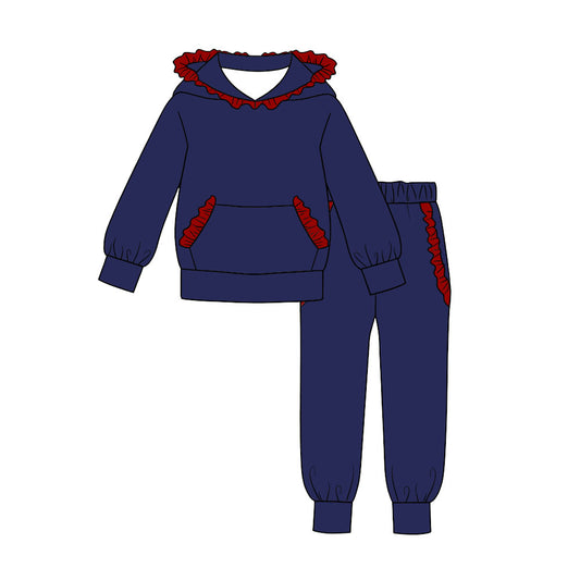 Preorder moq 5 Baby Girls Red Navy Ruffle Hoodie Pockets Jogger Clothes Sets
