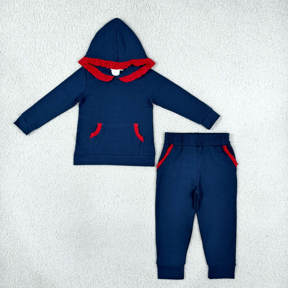 Baby Girls Red Navy Ruffle Hoodie Pockets Jogger Clothes Sets