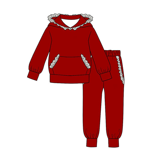 Preorder moq 5 Baby Girls Red Grey Ruffle Hoodie Pockets Jogger Clothes Sets