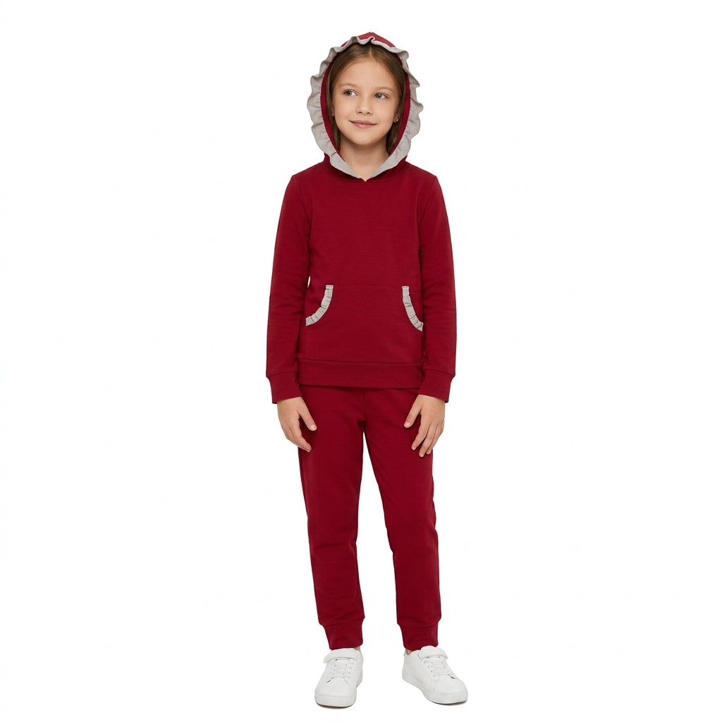 Baby Girls Maroon Grey Ruffle Hoodie Pockets Jogger Clothes Sets