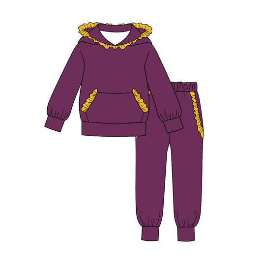 Preorder moq 5 Baby Girls Yellow Purple Ruffle Hoodie Pockets Jogger Clothes Sets