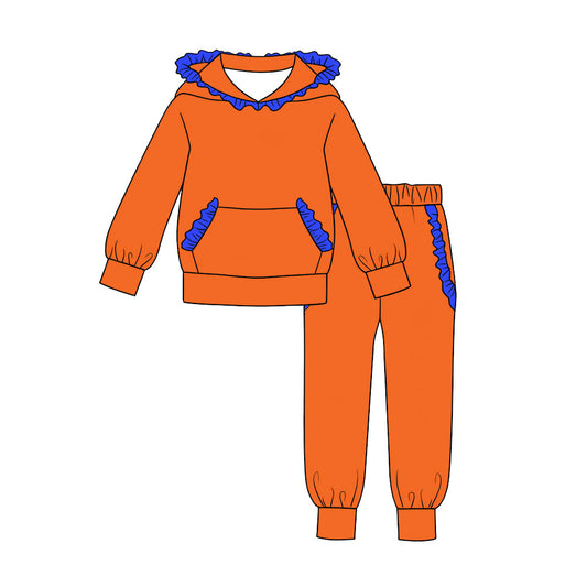 Preorder moq 5 Baby Girls Orange Blue Ruffle Hoodie Pockets Jogger Clothes Sets