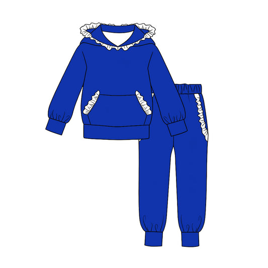 Preorder moq 5 Baby Girls White Blue Ruffle Hoodie Pockets Jogger Clothes Sets