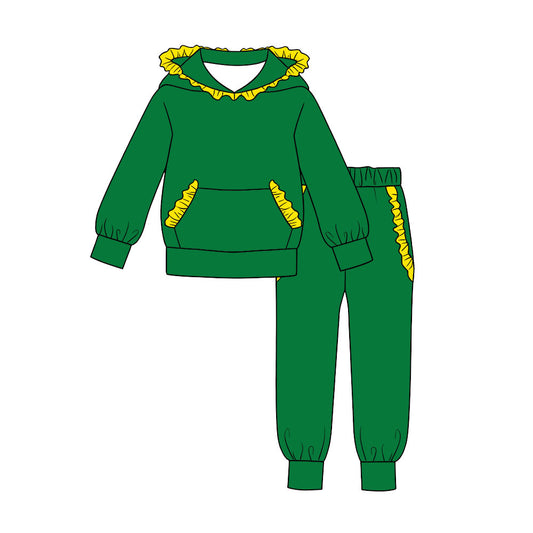 Preorder moq 5 Baby Girls Yellow Green Ruffle Hoodie Pockets Jogger Clothes Sets