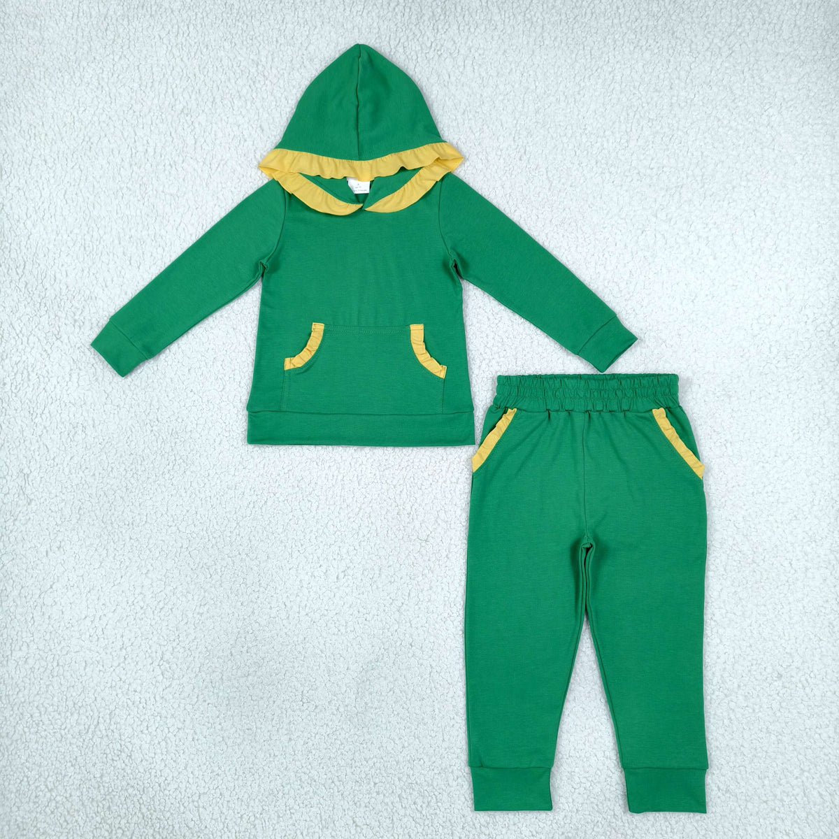 Baby Girls Yellow Green Ruffle Hoodie Pockets Jogger Clothes Sets