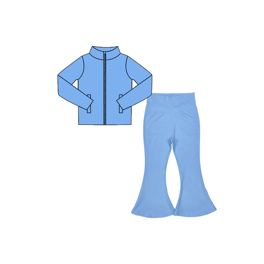 Preorder moq 5 Baby Girls Blue Zip Pockets Jacket Bell Bottom Pant Yoga Active Clothes Set