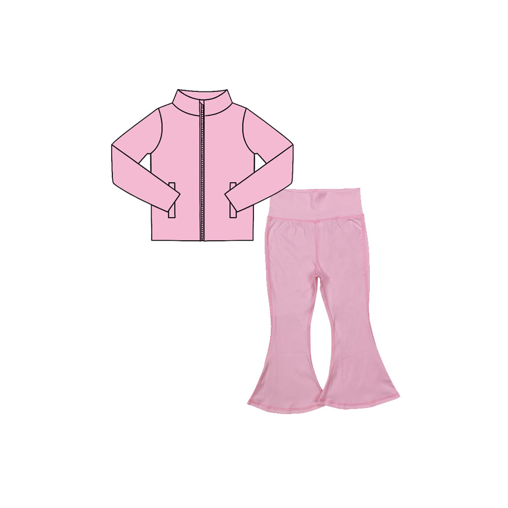 Preorder moq 5 Baby Girls Pink Zip Pockets Jacket Bell Bottom Pant Yoga Active Clothes Set