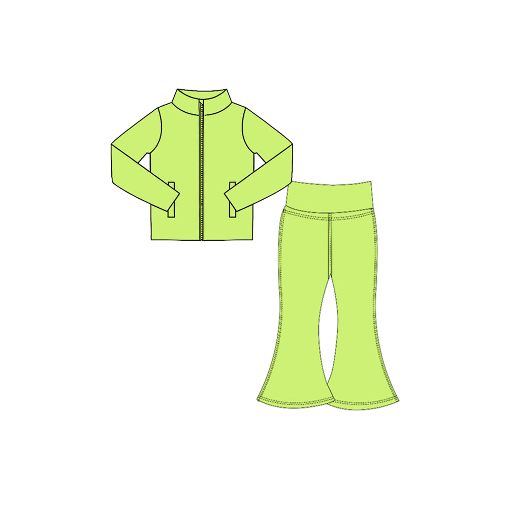 Preorder moq 5 Baby Girls Green Zip Pockets Jacket Bell Bottom Pant Yoga Active Clothes Set