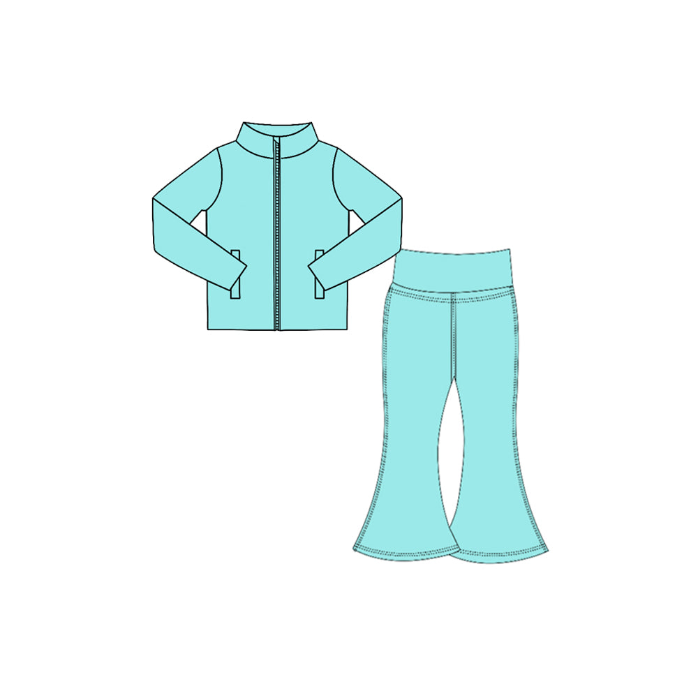 Preorder moq 5 Baby Girls Blue Zip Pockets Jacket Bell Bottom Pant Yoga Active Clothes Set
