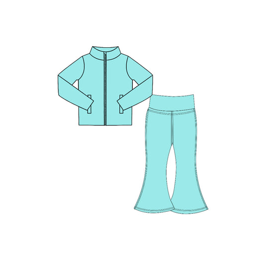 Preorder moq 5 Baby Girls Blue Zip Pockets Jacket Bell Bottom Pant Yoga Active Clothes Set