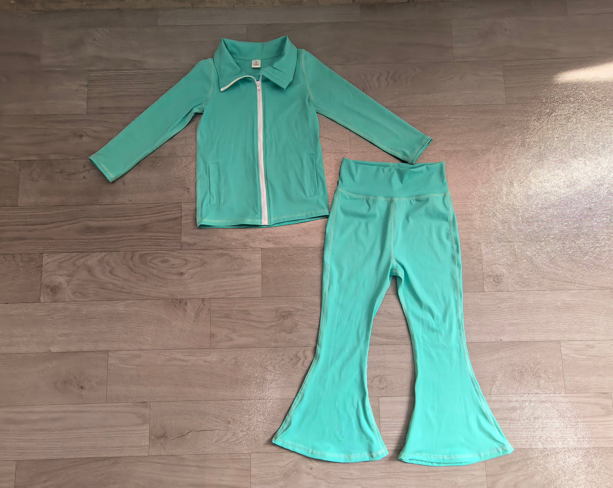 Baby Girls Blue Zip Pockets Jacket Bell Bottom Pant Yoga Active Clothes Set Preorder