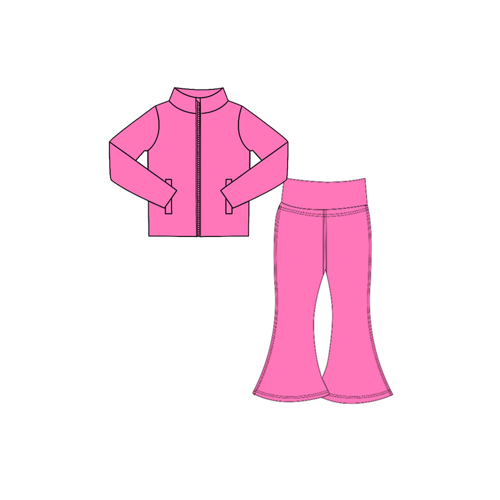 Preorder moq 5 Baby Girls Hot Pink Zip Pockets Jacket Bell Bottom Pant Yoga Active Clothes Set