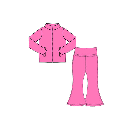 Preorder moq 5 Baby Girls Hot Pink Zip Pockets Jacket Bell Bottom Pant Yoga Active Clothes Set
