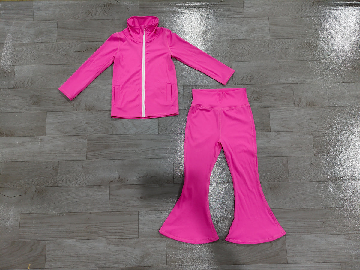 Baby Girls Hot Pink Zip Pockets Jacket Bell Bottom Pant Yoga Active Clothes Set Preorder