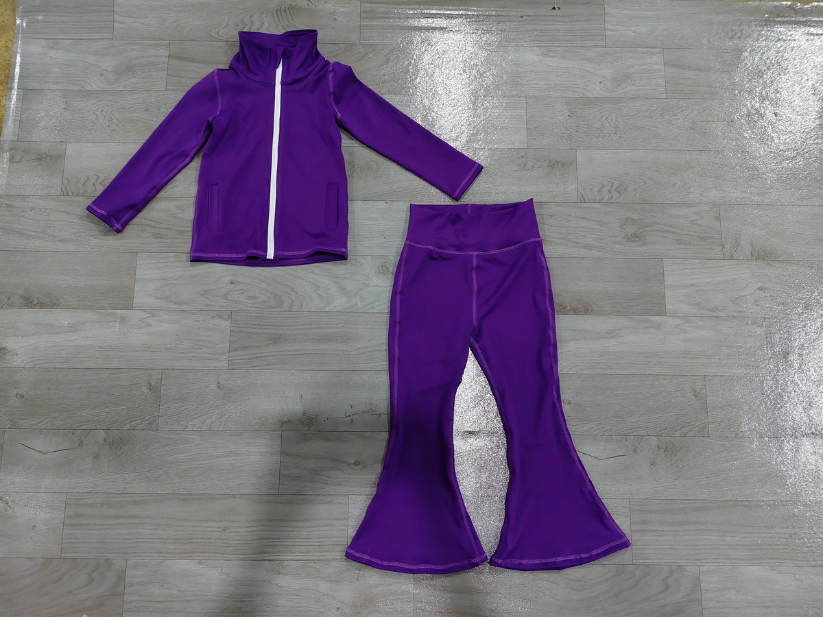 Baby Girls Purple Zip Pockets Jacket Bell Bottom Pant Yoga Active Clothes Set Preorder