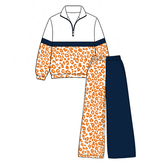 Preorder moq 5 Baby Girls Orange Navy Leopard Zip Pullover Flare Pants Clothes Sets