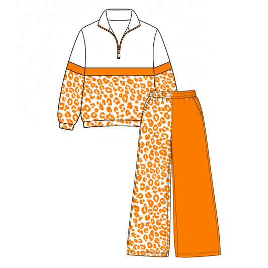 Preorder moq 5 Baby Girls Orange Leopard Zip Pullover Flare Pants Clothes Sets