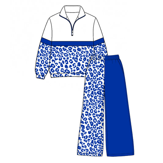 Preorder moq 5 Baby Girls Blue Leopard Zip Pullover Flare Pants Clothes Sets