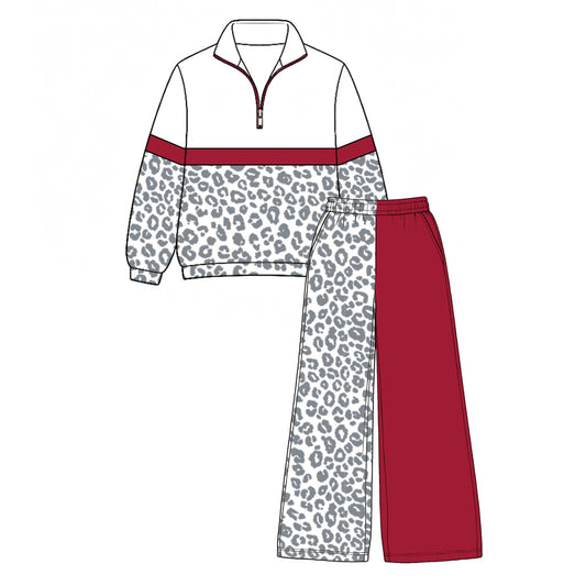 Preorder moq 5 Baby Girls Red Grey Leopard Zip Pullover Flare Pants Clothes Sets