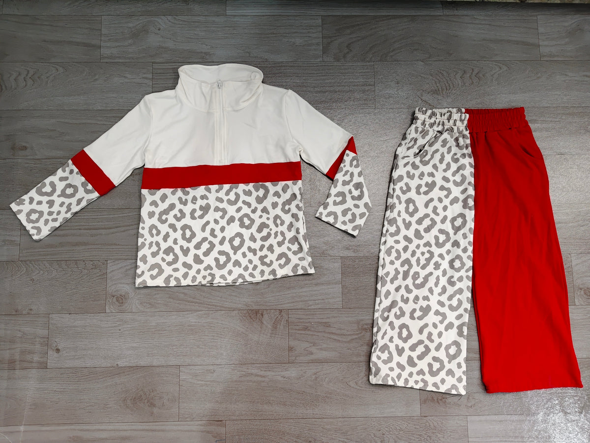 Baby Girls Red Grey Leopard Zip Pullover Flare Pants Clothes Sets Preorder